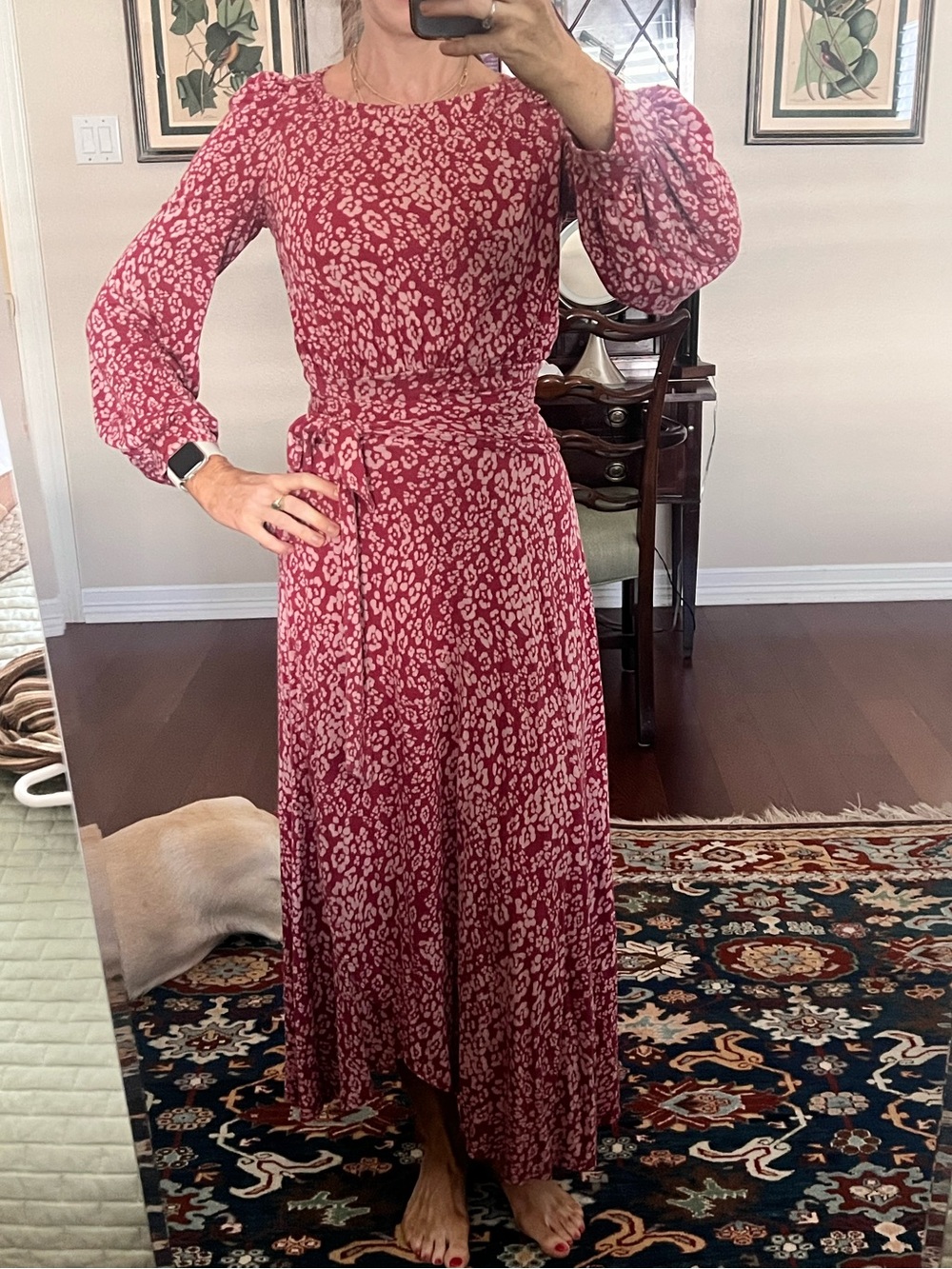 Velvet by Graham & Spencer Red and Pink Printed Long Sleeve Midi Jersey Dress